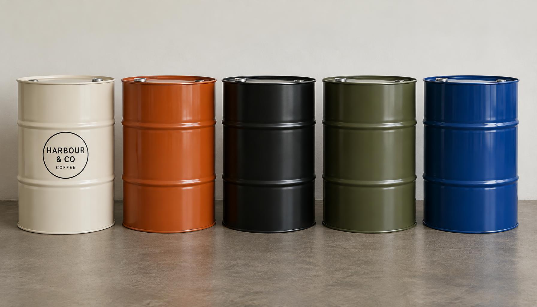 Five painted steel drums in bone, orange, black, olive and cobalt, one with a café logo